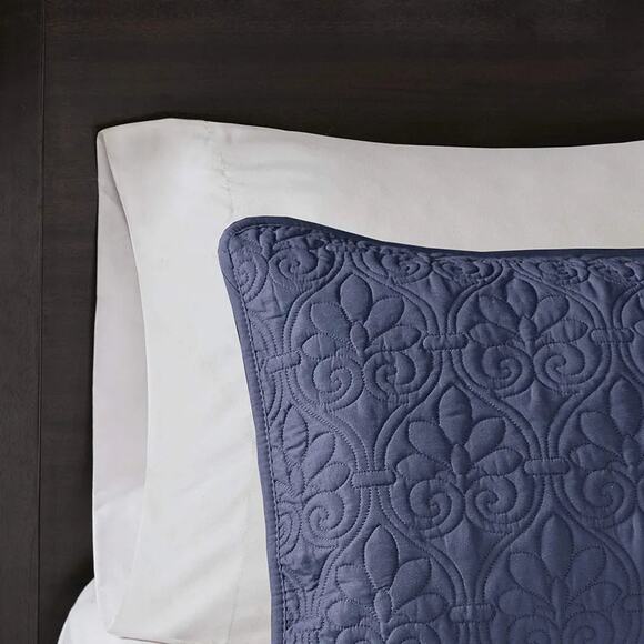 Madison Park Quebec Quilt Set - Luxurious Damask Stitching Design Navy 3 Piece - Picture 3 of 8